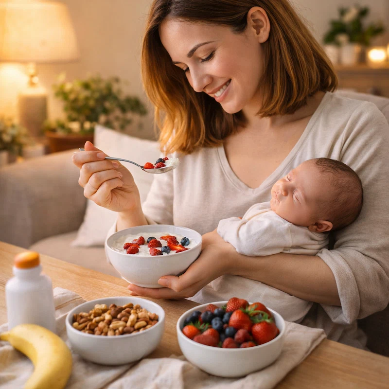 أم مرضعة تأكل وجبة خفيفة صحية أثناء حمل طفلها بعد الولادة