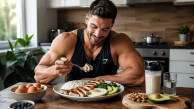 رجل يتناول طعام عالي السعرات لزيادة الوزن وبناء العضلات