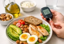 مريض سكري يتناول وجبة صحية متوازنة تحتوي على بروتين ودهون صحية
