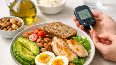 مريض سكري يتناول وجبة صحية متوازنة تحتوي على بروتين ودهون صحية