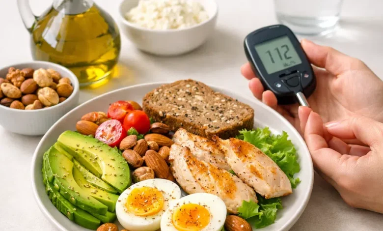 مريض سكري يتناول وجبة صحية متوازنة تحتوي على بروتين ودهون صحية