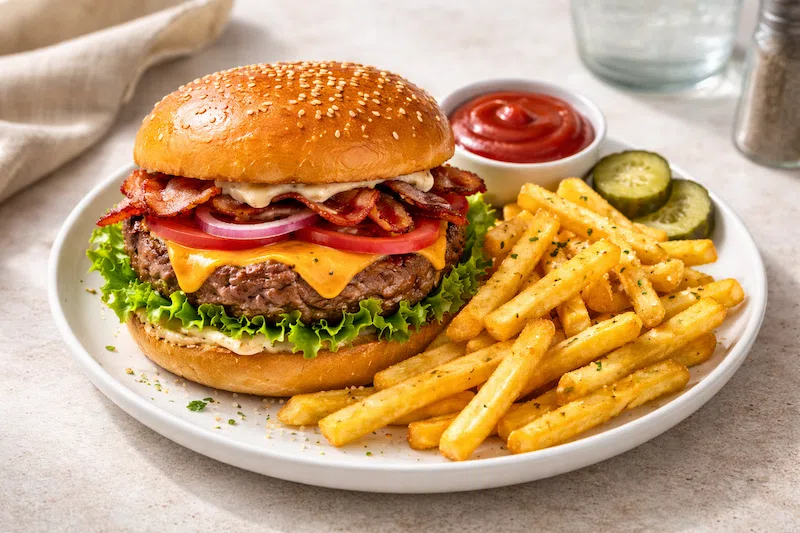 برجر مع جبن وشرائح لحم وبطاطس مقلية، مناسب لنظام زيادة الوزن