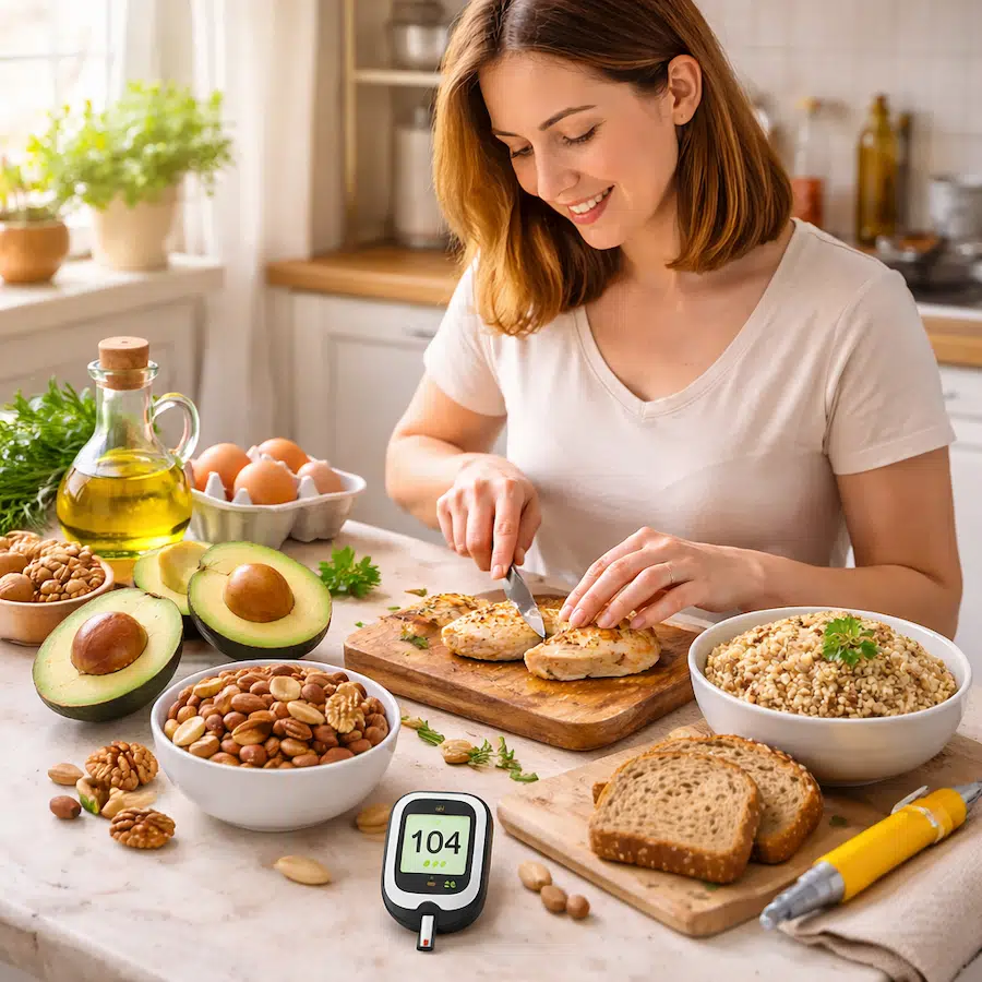 شخص يستخدم جهاز قياس السكر مع وجبة صحية لزيادة الوزن