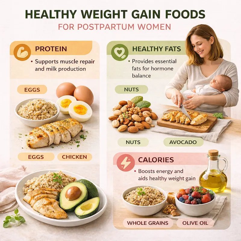 إنفوجرافيك يوضح عناصر غذائية لزيادة الوزن بعد الولادة مثل البروتين والدهون والكربوهيدرات