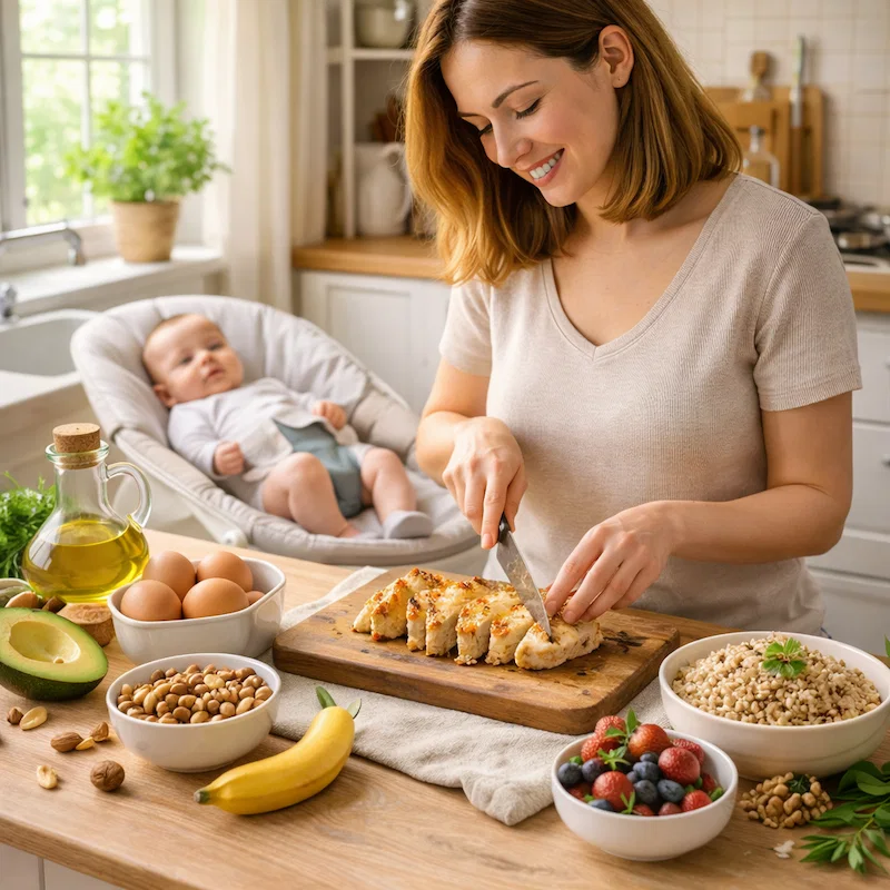 أم تحضر وجبة صحية لزيادة الوزن بعد الولادة في المطبخ