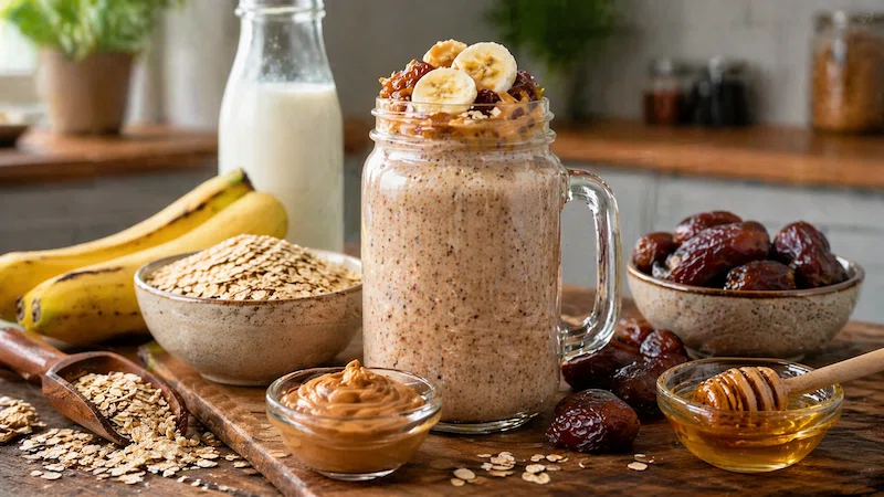 مشروب طبيعي لزيادة الوزن مكون من الحليب والموز والتمر