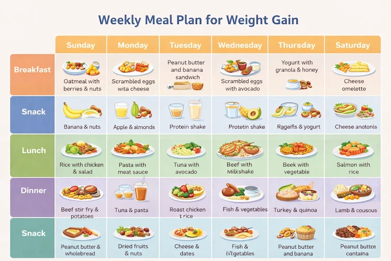 جدول نظام غذائي لزيادة الوزن لمدة 7 أيام