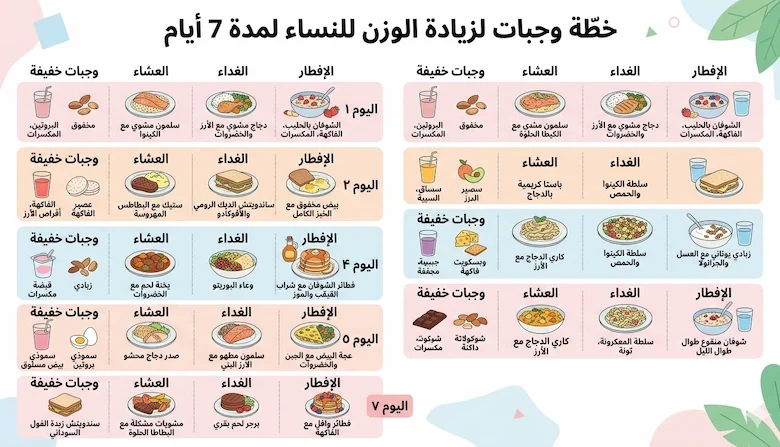 جدول لزيادة الوزن في أسبوع للنساء