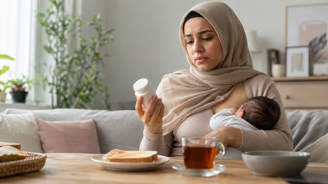 أم مرضعة تفحص عبوة حبوب أو مكمل غذائي أثناء حمل طفلها في المنزل