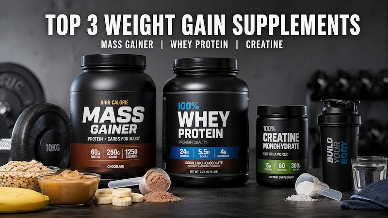 مقارنة بين أفضل مكملات زيادة الوزن لكمال الأجسام تشمل Mass Gainer والواي بروتين والكرياتين