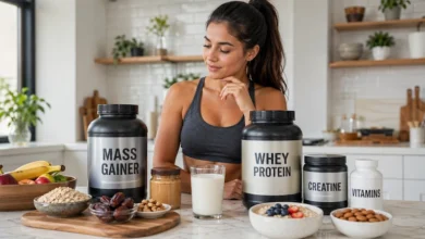 امرأة تختار بين مكملات زيادة الوزن للنساء مثل Mass Gainer والواي بروتين والكرياتين مع أطعمة صحية عالية السعرات