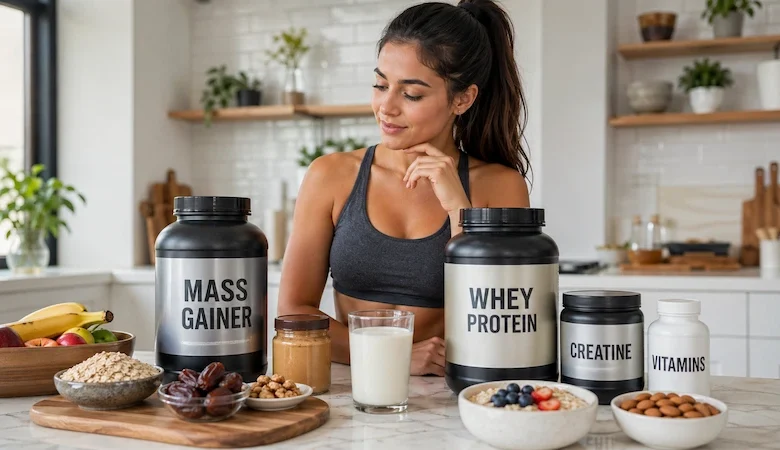 امرأة تختار بين مكملات زيادة الوزن للنساء مثل Mass Gainer والواي بروتين والكرياتين مع أطعمة صحية عالية السعرات