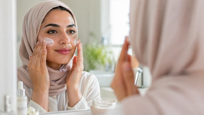 امرأة تضع كريم ترطيب على الخدود لتحسين مظهر امتلاء الوجه