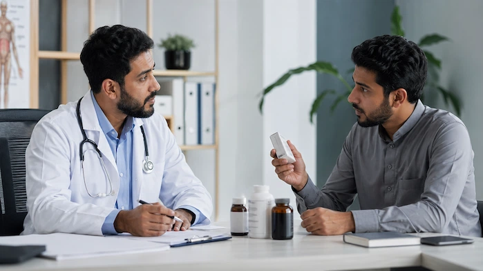 طبيب عربي يناقش مريضًا حول استخدام حبوب فتح الشهية ومكملات زيادة الوزن بأمان