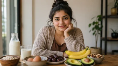امرأة بوجه ممتلئ طبيعيًا أمام أطعمة عالية السعرات تساعد على تسمين الوجه في يومين