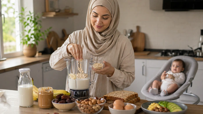 أم محجبة تحضر مشروبًا عالي السعرات من الحليب والشوفان والموز في المطبخ وطفلها بجانبها