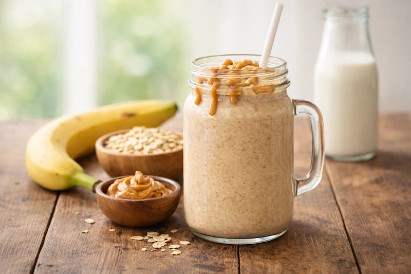 سموذي مصنوع من الموز، زبدة الفول السوداني، الشوفان والحليب، لزيادة الوزن