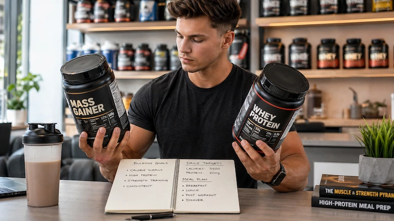 شاب يقارن بين مكمل Mass Gainer وWhey Protein لاختيار أفضل مكمل زيادة الوزن لكمال الأجسام