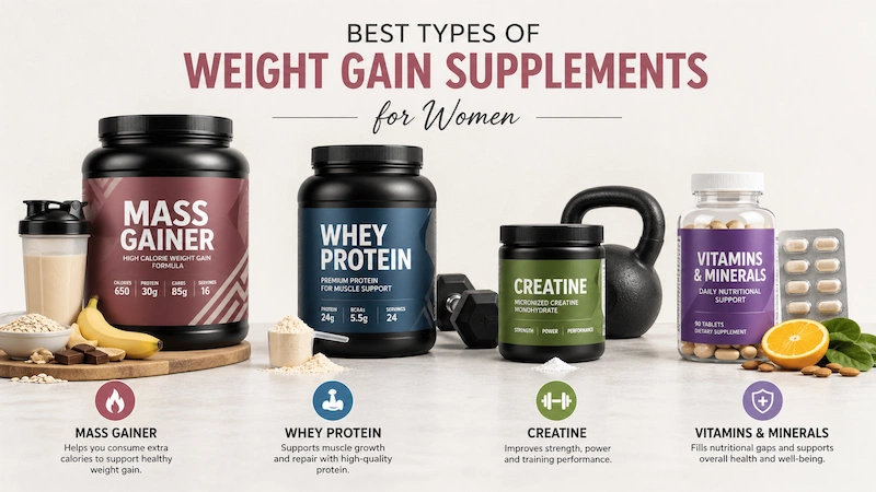 أنواع مكملات زيادة الوزن للنساء تشمل Mass Gainer والواي بروتين والكرياتين والفيتامينات والمعادن