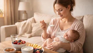 وجبة صحية عالية السعرات لزيادة الوزن بعد الولادة تحتوي على أفوكادو وبيض وسلمون ومكسرات