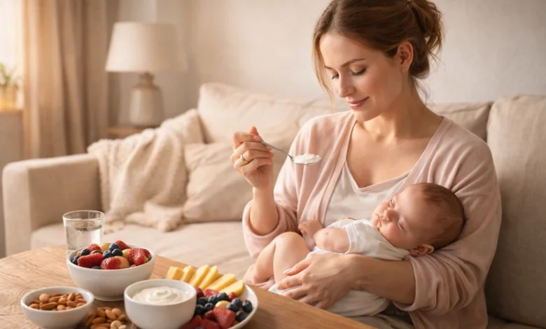 وجبة صحية عالية السعرات لزيادة الوزن بعد الولادة تحتوي على أفوكادو وبيض وسلمون ومكسرات