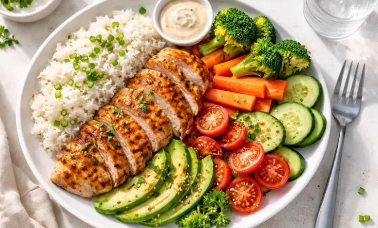 طبق دجاج مشوي مع أرز وخضروات، غني بالسعرات، لزيادة الوزن بشكل صحي