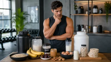 رجل رياضي يختار بين مكملات زيادة الوزن للرجال مثل الجينر والواي بروتين والكرياتين مع أطعمة عالية السعرات