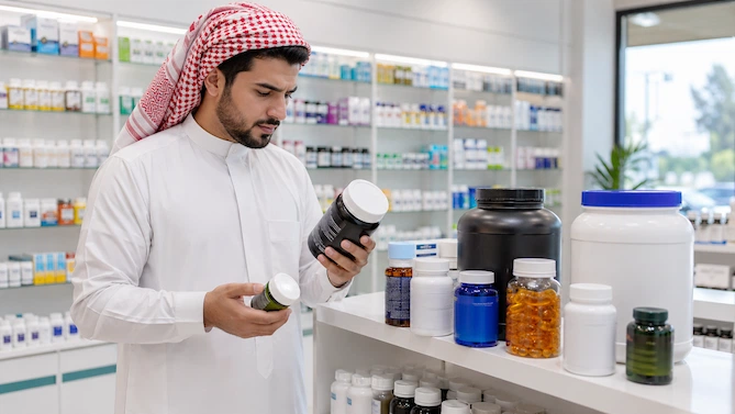 رجل عربي يقارن بين مكملات زيادة الوزن في الصيدلية مثل البروتين والفيتامينات وأوميجا 3