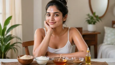 امرأة أمام مكونات طبيعية مثل الخميرة والزبادي والعسل وزيت الحلبة للعناية بالوجه