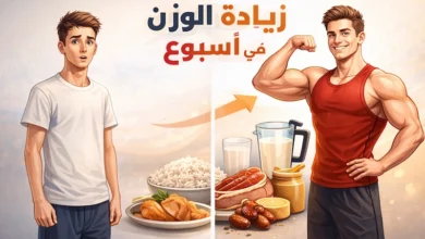 زيادة الوزن في أسبوع قبل وبعد لشخص نحيف أصبح جسمه عضلي مع أطعمة عالية السعرات