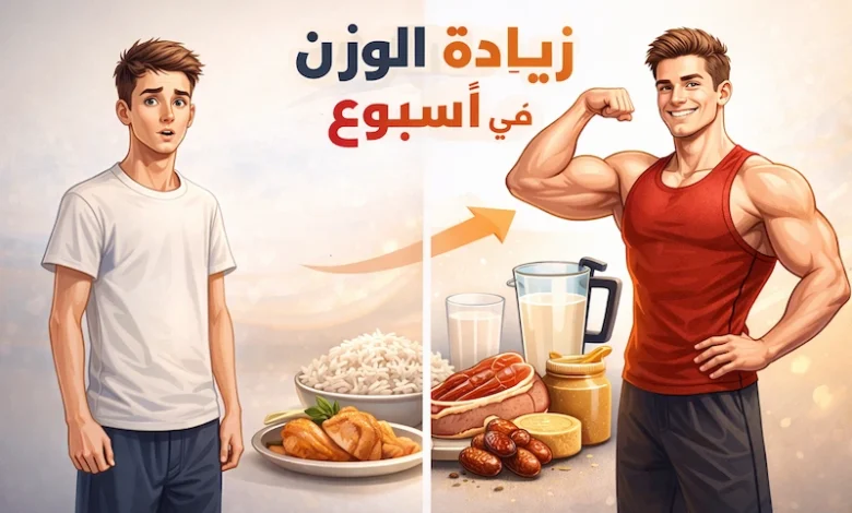 زيادة الوزن في أسبوع قبل وبعد لشخص نحيف أصبح جسمه عضلي مع أطعمة عالية السعرات