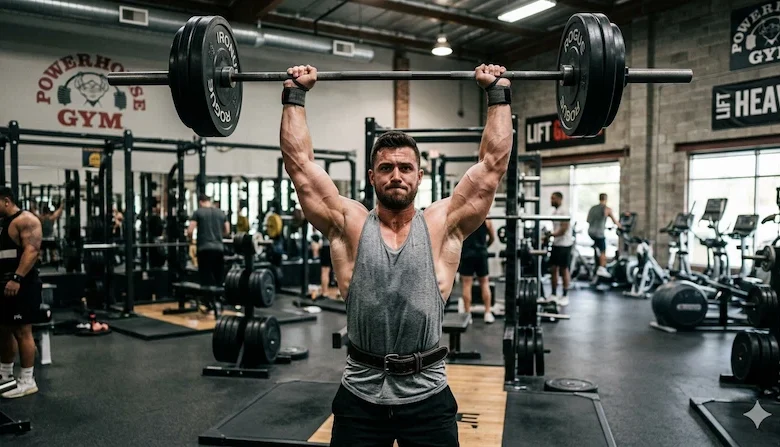 شاب يؤدي تمرين الاكتاف لزيادة الوزن وبناء العضلات