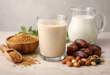 كوب مشروب الحلبة مع الحليب بجانب التمر والمكسرات لزيادة الوزن بطريقة طبيعية