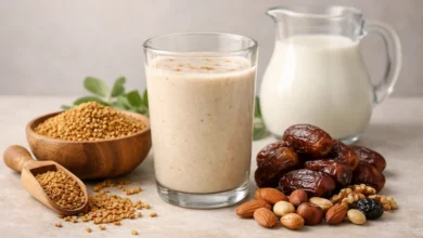 كوب مشروب الحلبة مع الحليب بجانب التمر والمكسرات لزيادة الوزن بطريقة طبيعية