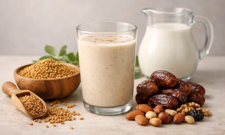 كوب مشروب الحلبة مع الحليب بجانب التمر والمكسرات لزيادة الوزن بطريقة طبيعية