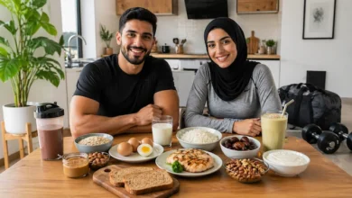 رجل وامرأة يجلسان أمام وجبة صحية ضمن برنامج زيادة الوزن للنساء والرجال مع أطعمة عالية السعرات وتمارين