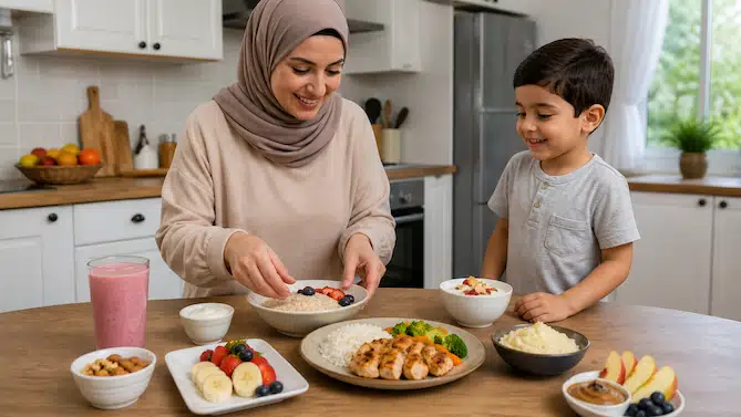 طفل يتناول سناك صحي يساعد على زيادة الوزن مع الحليب والموز والأفوكادو