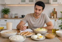 شاب يخطط لنظام غذائي لزيادة الوزن لمرضى القولون العصبي مع أطعمة سهلة الهضم