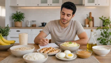 شاب يخطط لنظام غذائي لزيادة الوزن لمرضى القولون العصبي مع أطعمة سهلة الهضم