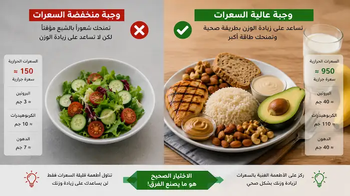مقارنة بين طبق سلطة منخفض السعرات ووجبة متكاملة غنية بالبروتين والسعرات الحرارية لعلاج النحافة