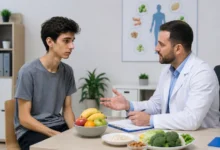 شخص نحيف يجلس مع طبيب تغذية لمتابعة علاج النحافة وزيادة الوزن بشكل صحي