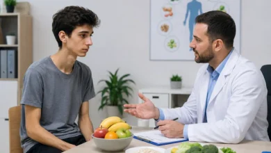 شخص نحيف يجلس مع طبيب تغذية لمتابعة علاج النحافة وزيادة الوزن بشكل صحي