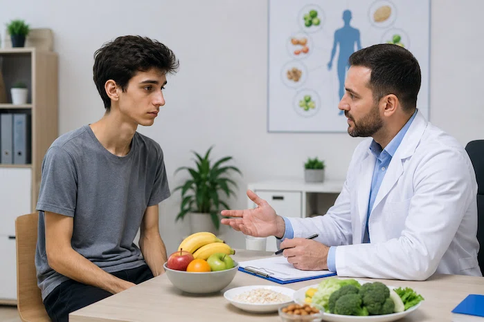 شخص نحيف يجلس مع طبيب تغذية لمتابعة علاج النحافة وزيادة الوزن بشكل صحي