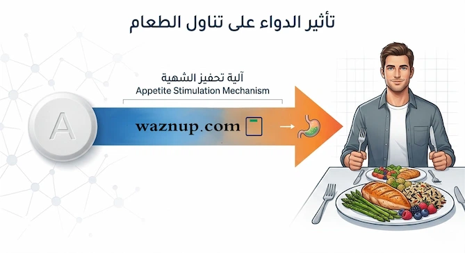 رسم توضيحي مبسط يوضح قرص دواء متصل بسهم إلى شخص متحمس لتناول طبق طعام ممتلئ، يرمز لدور أدوية فتح الشهية